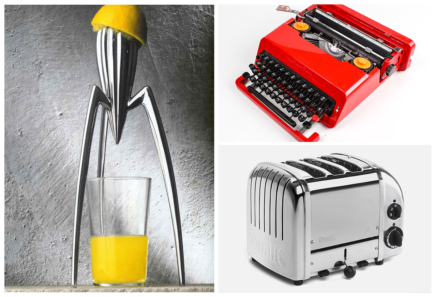 Role of design in creating a strong connection with the consumer. Left: The Alessi PSJS Juicer, design by Philippe Starck | Top Right: Olivetti Valentine Typewriter, design by Ettore Sottsass (1969 ) | Bottom Right Dualit Toaster, design by Max-Gort Barten (1952)