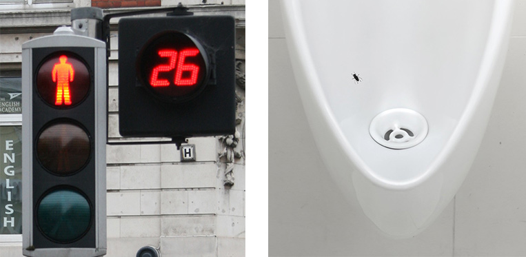 Left: Traffic light countdown makes the wait easier; Right: The image of a fly printed on the bowls of the men’s urinals improves 'spillage rates'
