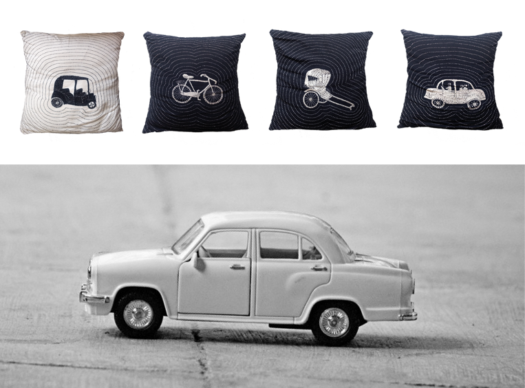 Cushion covers—a bicycle; a hand pulled rickshaw; an Ambassador car; and a three-wheeler scooter rickshaw
