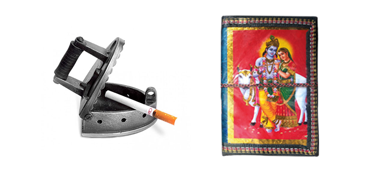 (L-R) Beloved urban symbols; an ‘istri’ miniature as ashtray, god pictures on notebooks