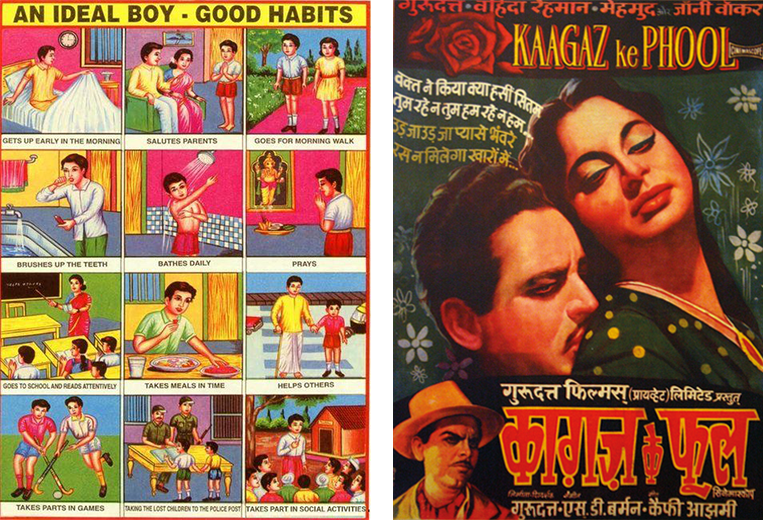 (L-R) The instructional 'Ideal Boy' charts; Hindi cinema posters