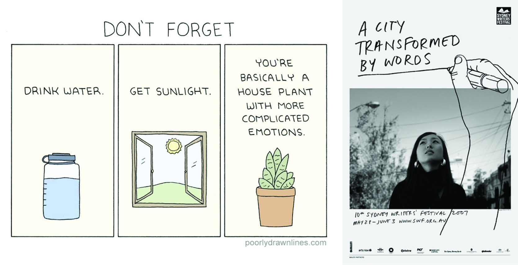 (L-R) Comic Strip / Poorly Drawn Lines, A City Transformed by Words / Poster / Sydney Writers’ Festival, 2017
