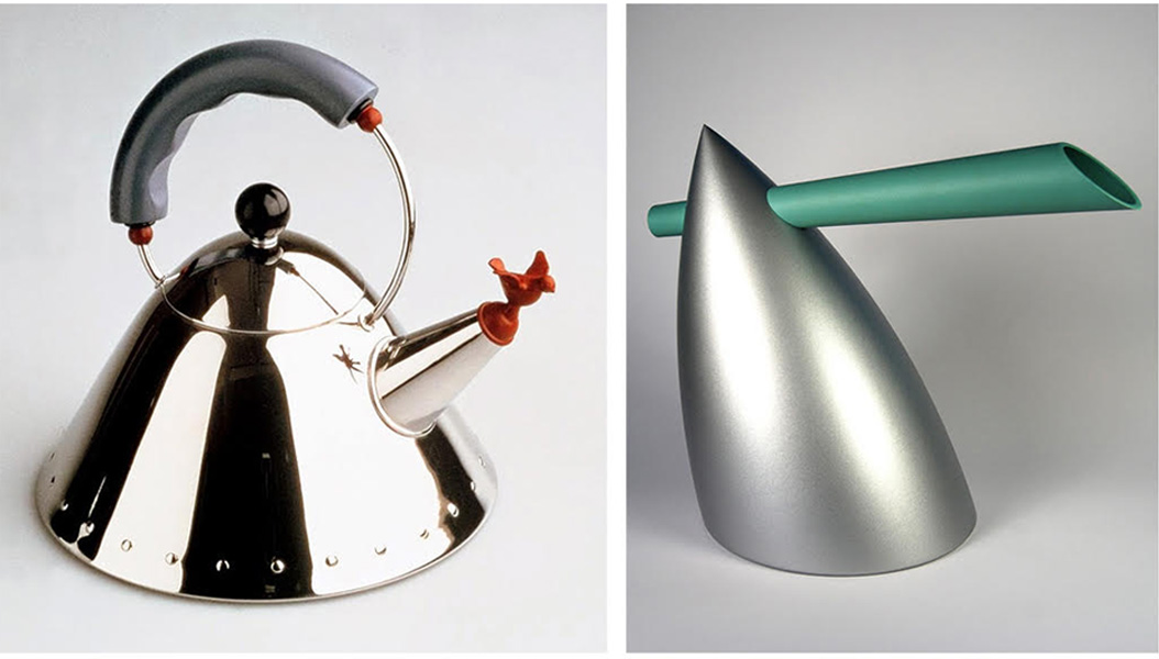 Bottom row (L-R) Alessi Kettle 9093 by architect Michael Graves (1985); Alessi Hot Bertaa Kettle by Philippe Starck (1989)