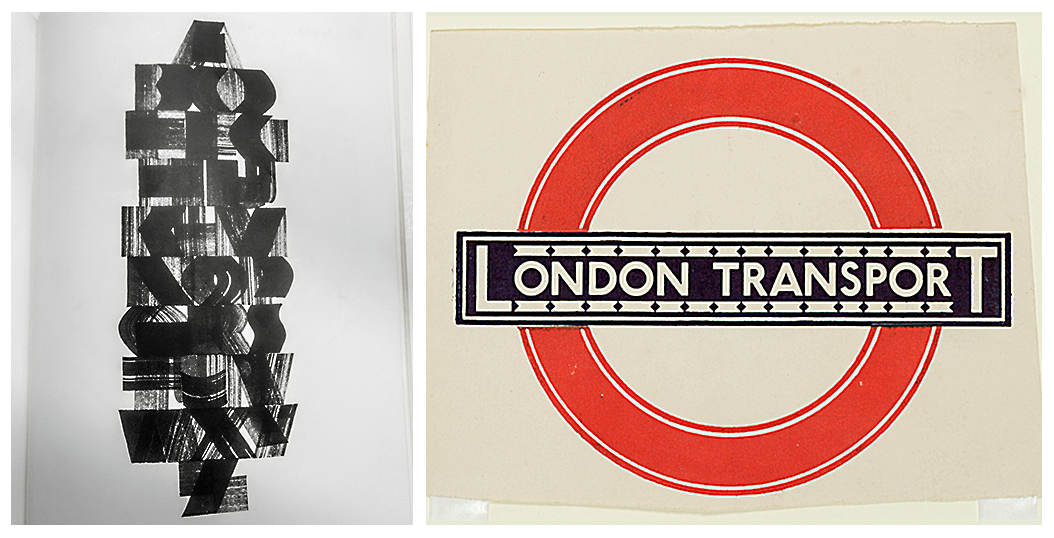 (L-R) Piece by modern calligrapher Nancy Ouchida Howells, London Underground logo and typeface originally by Edward Johnston (1933)