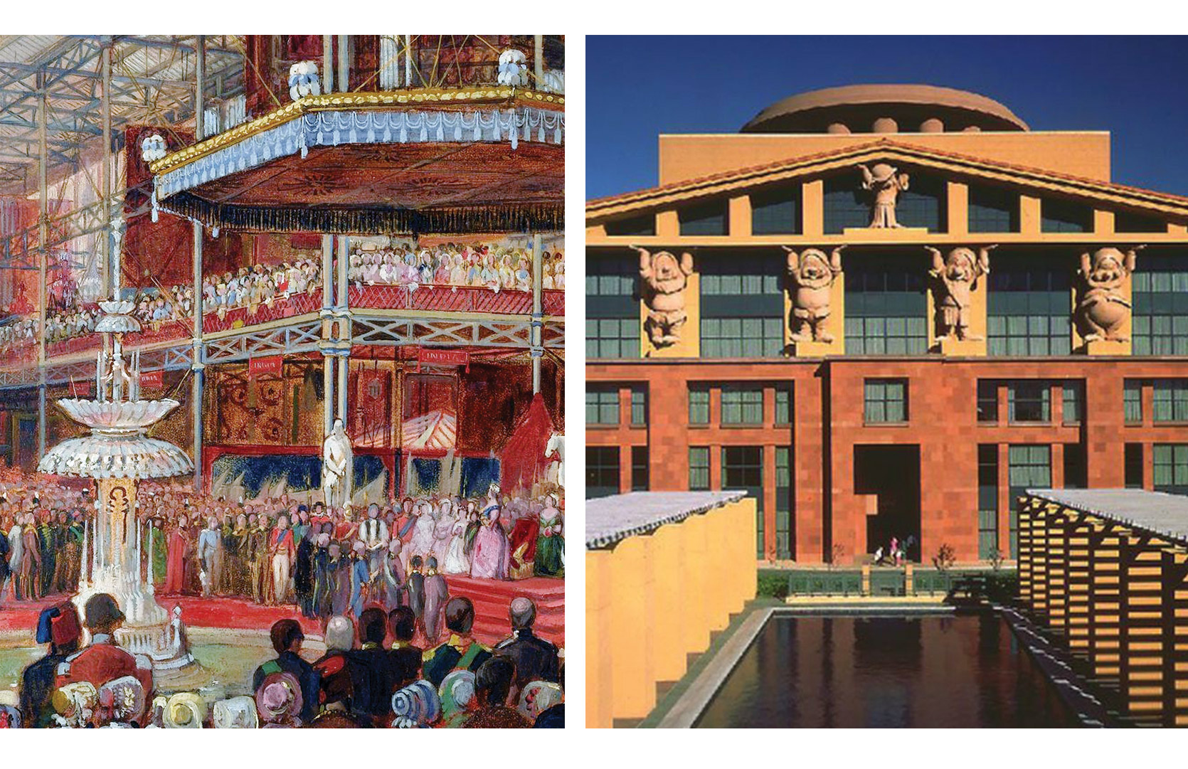 (L) The Great Exhibition Opening, May 1851, (R) The Michael D. Eisner Building, Michael Graves