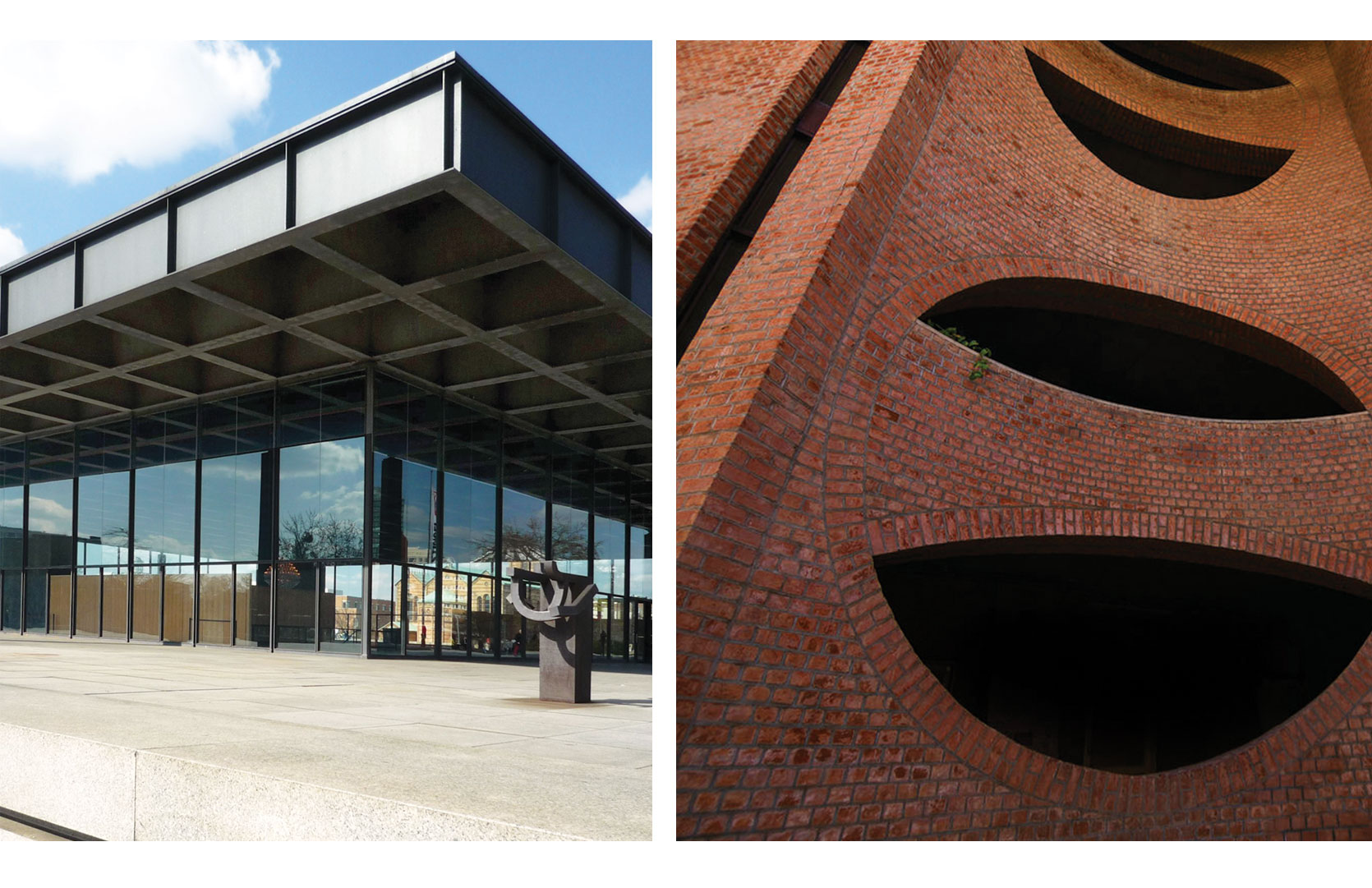 (L-R) The New National Gallery in Berlin, Ludwig Mies van der Rohe; IIM Ahmedabad Building, Louis Kahn