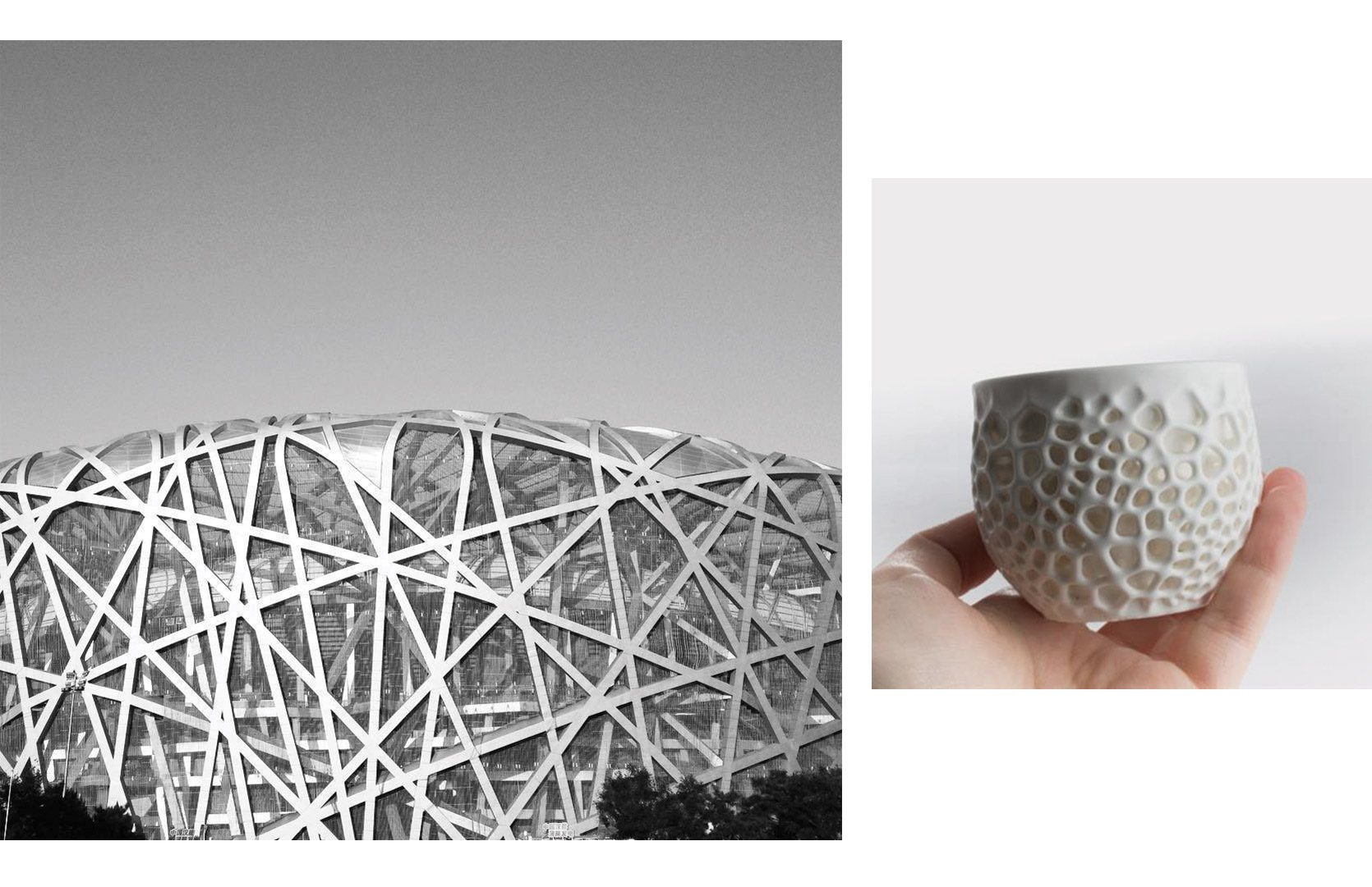(L-R) Beijing National Stadium, also known as the Bird's Nest; 3-D printed cup, Shapeways